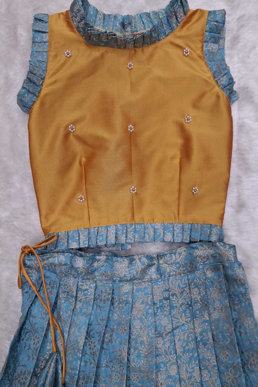 Ethnic Pleated Banarasi art silk Lehenga Set – Mustard & Blue
