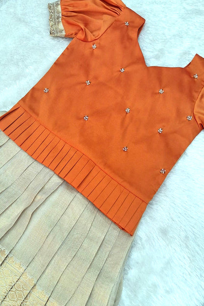 Elegant Orange Blouse with Cream Zari Skirt Set