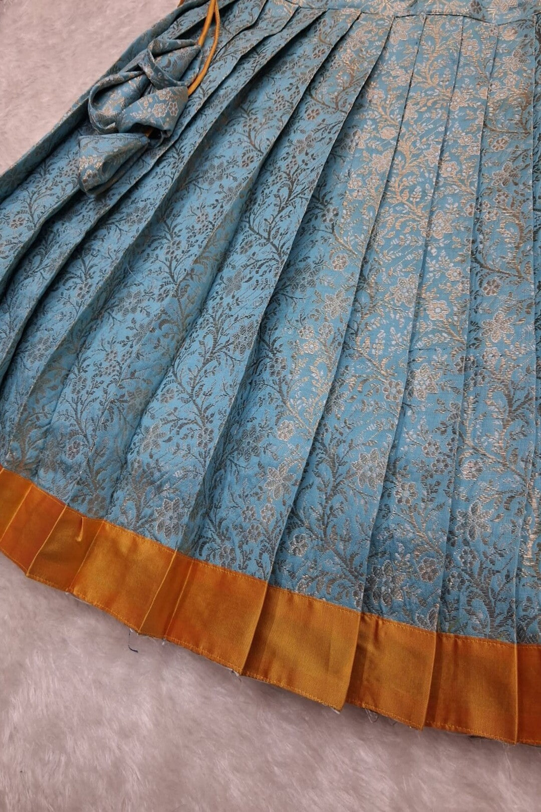 Ethnic Pleated Banarasi art silk Lehenga Set – Mustard & Blue