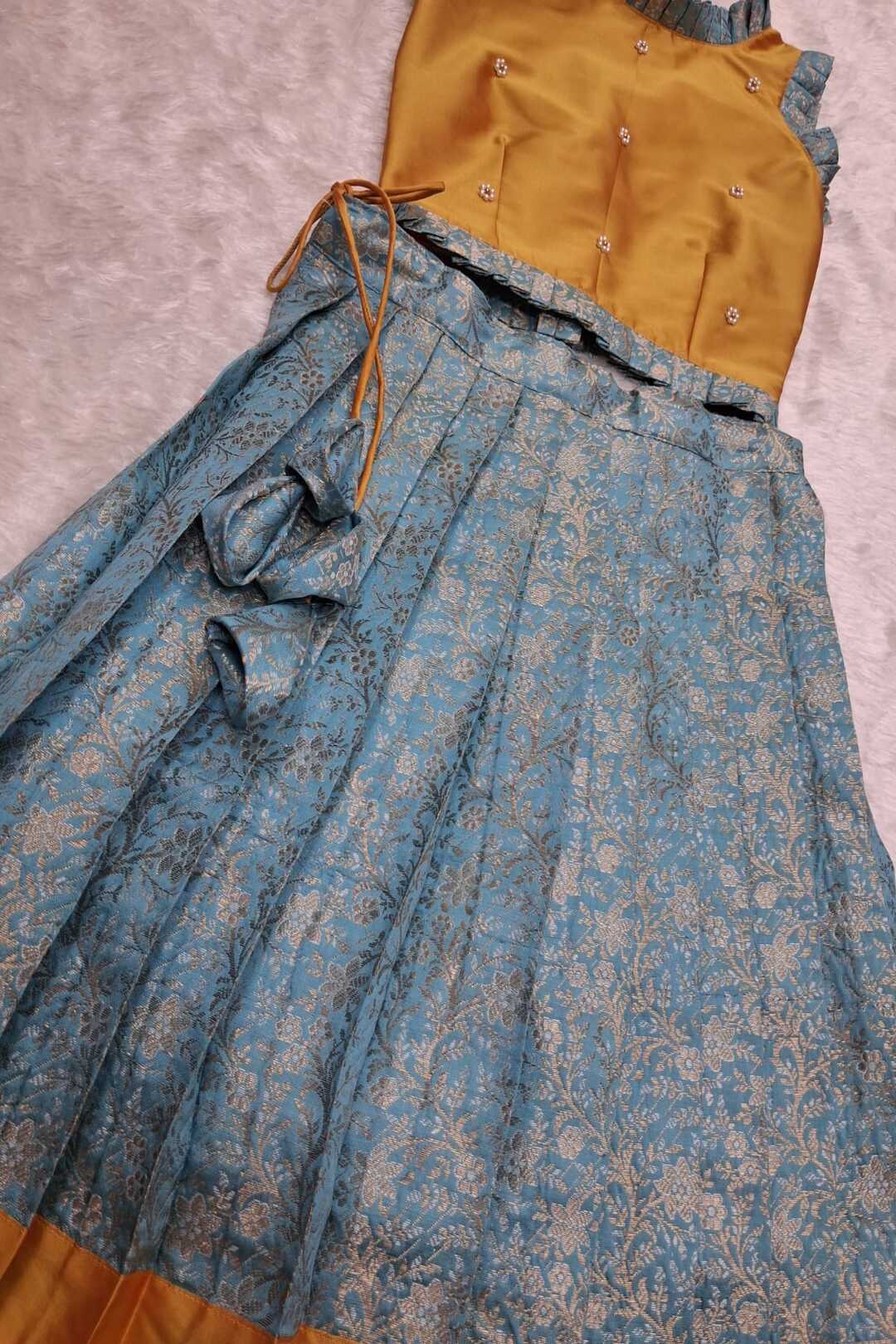 Ethnic Pleated Banarasi art silk Lehenga Set – Mustard & Blue