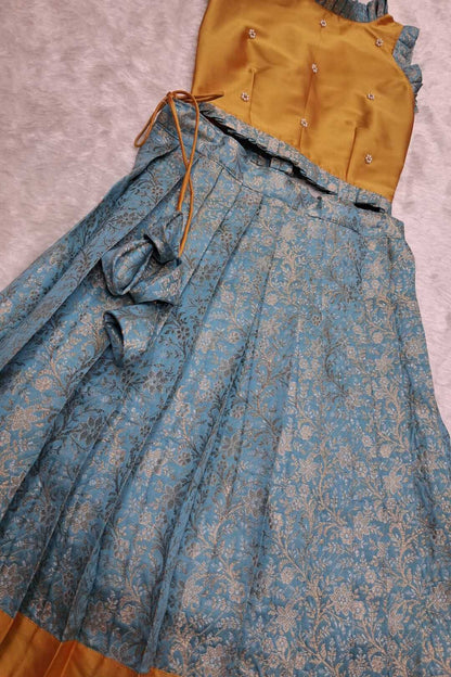 Ethnic Pleated Banarasi art silk Lehenga Set – Mustard & Blue